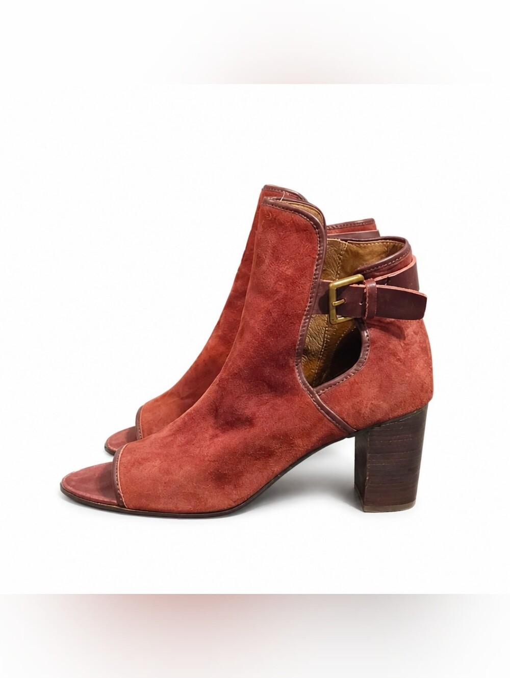 Donald J. Pliner Burgandy Suede Open-Toe Ankle Boots with Buckle